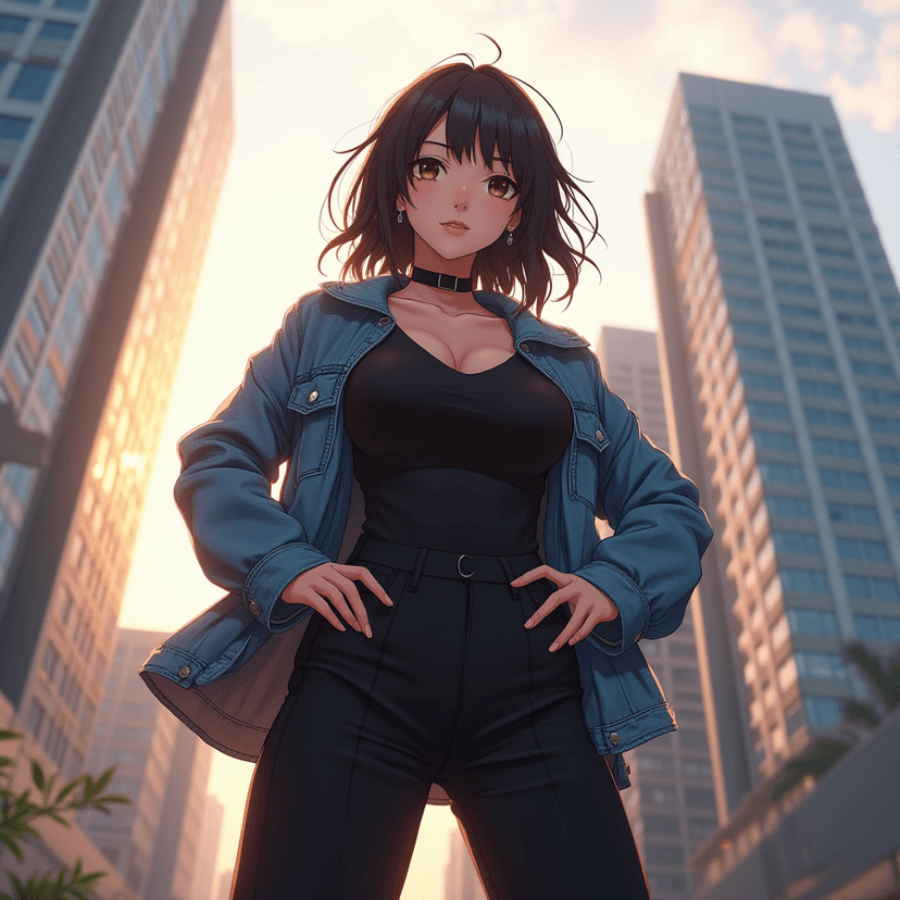 A photo of an anime model wearing a sleek black jumpsuit and a stylish oversized denim jacket, posing confidently in front of a modern skyscraper with hands on hips. Soft light filters through the buildings, creating a warm glow during golden hour. Fashion photography, high resolution, 50mm lens, f/2.8, natural lighting, global illumination. --ar 85:128 --v 6.0 --style raw.