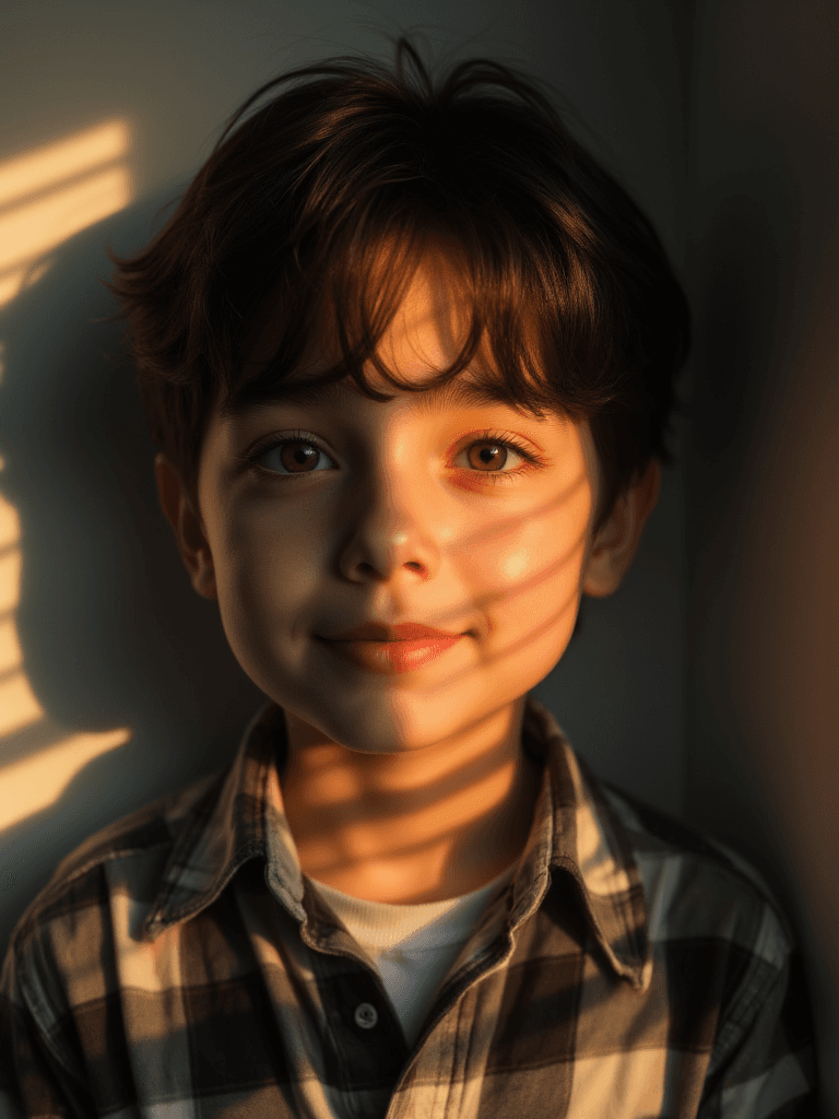 Shadow Projection, Captured from a close-up, eye-level perspective, a medium-sized boy with dark brown eyes and dark brown hair stands in front of a window. The boys face is angled slightly to the left, with a slight smile on his lips. His eyes are a piercing blue, and his eyebrows are a darker brown. His lips are a lighter shade of brown, and he is wearing a plaid shirt with a white collar. The background of the boy is blurred, and the boys shadow is cast on the window.